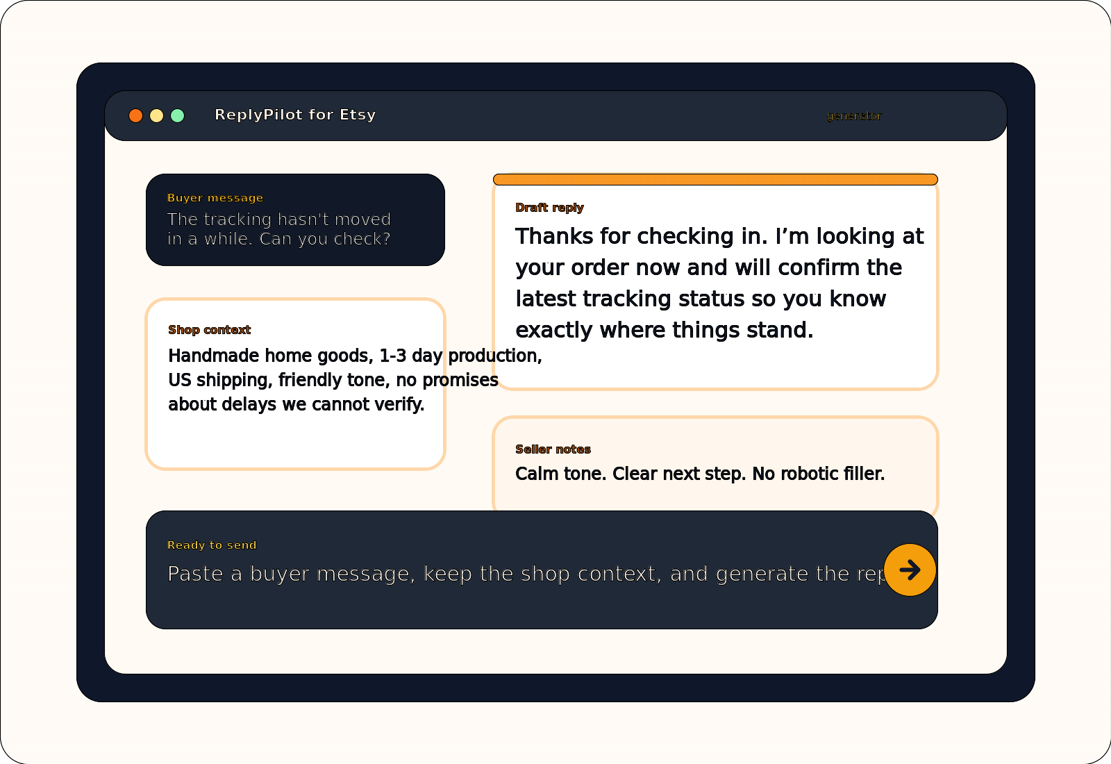 ReplyPilot for Etsy reply draft preview